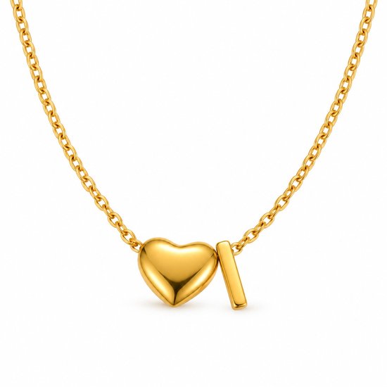 Goudkleurige ketting met een hanger in de vorm van een hartje en de letter I aan een fijne schakelketting.