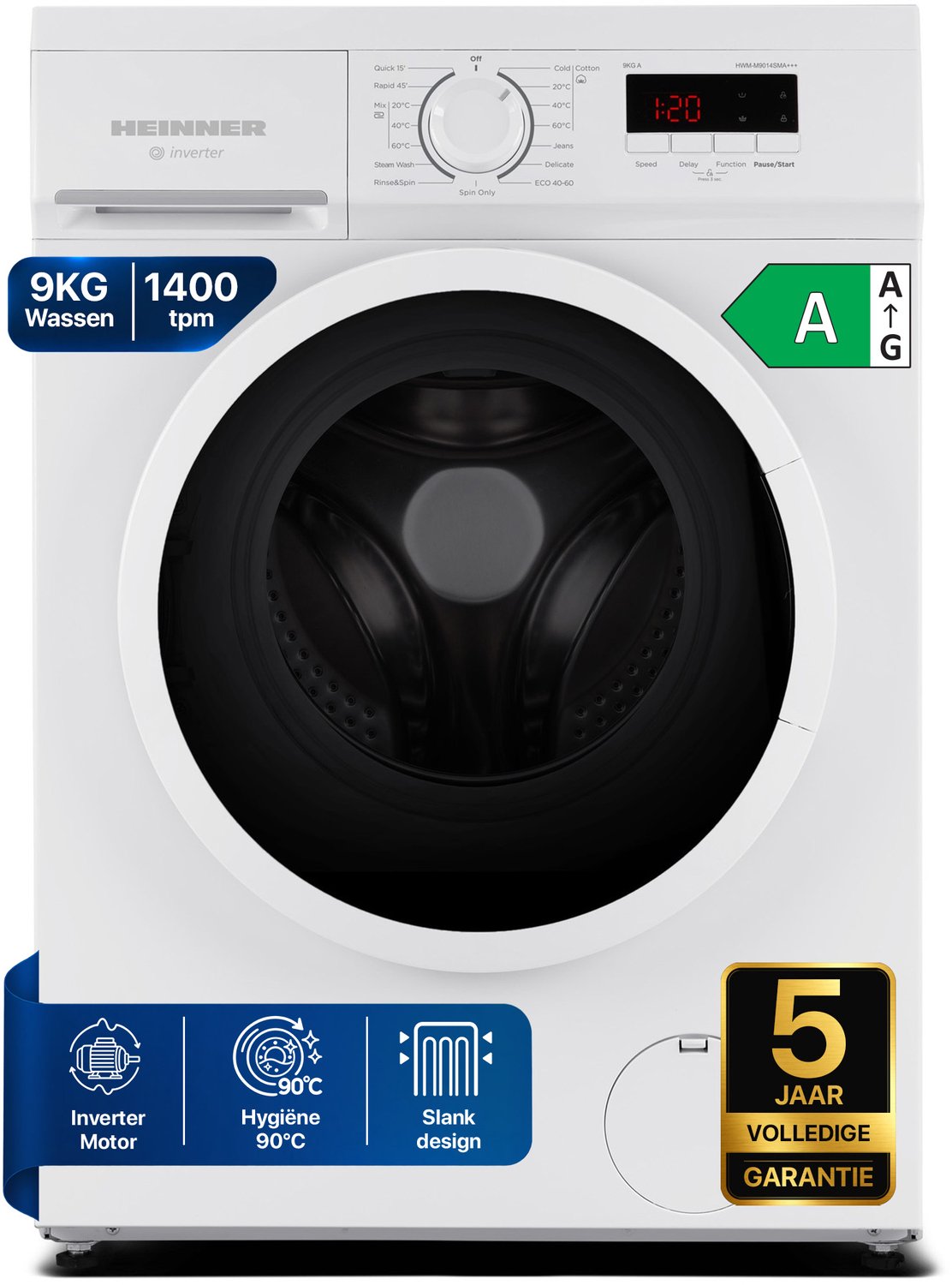 Heinner HWM-M9014SMA+++ Slanke Wasmachine 9 kg - Inverter - 1400 tpm - Energieklasse A - Digitale display - 15 programma’s – Wit – 5 Jaar Garantie