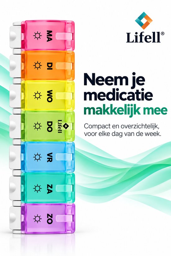 Regenboogkleurige Lifell pillendoos met dagindeling voor zeven dagen, gemarkeerd met zonne-icoon.