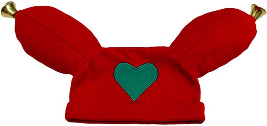 Rood kaboutermutsje met twee uitstekende punten, elk met een belletje, en een groen hartvormig embleem.