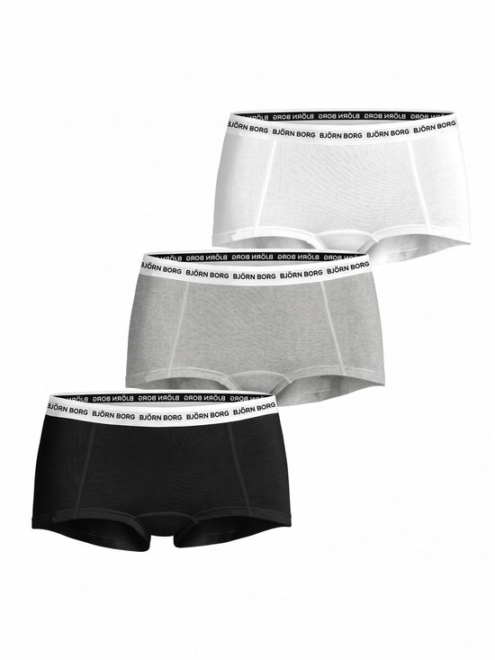 Drie-pack Björn Borg boxershorts in wit, grijs en zwart met witte tailleband en merknaam.