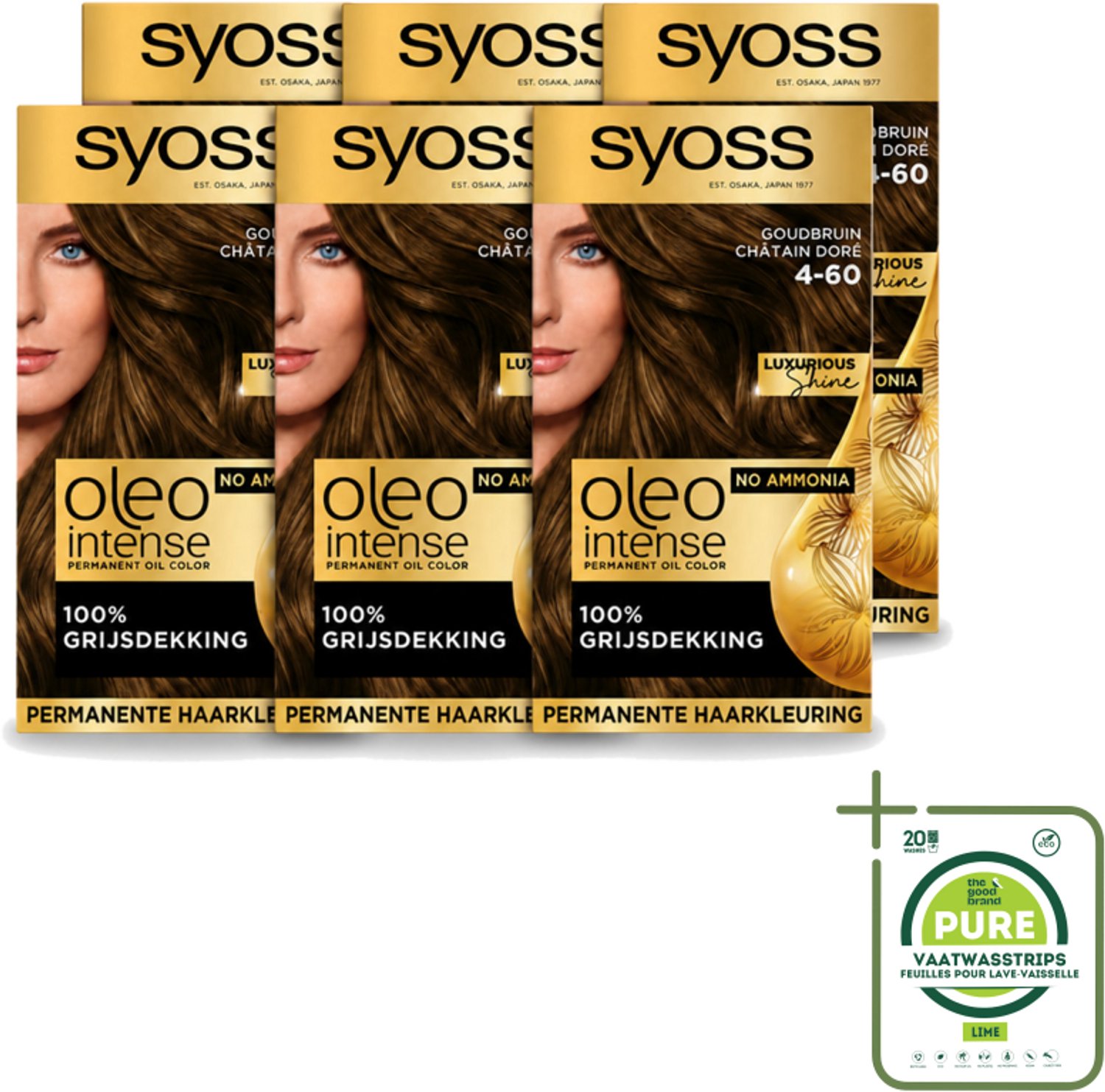 6 x SYOSS - Oleo Intense 4-60 - Haarverf - Permanente Haarkleuring - Goudbruin - Langdurige Kleur - Grootverpakking - Vaatwasstrips - Haarkleur - Haarkleuring - Goudbruin - Haarverf - Haarverf Zonder Ammoniak