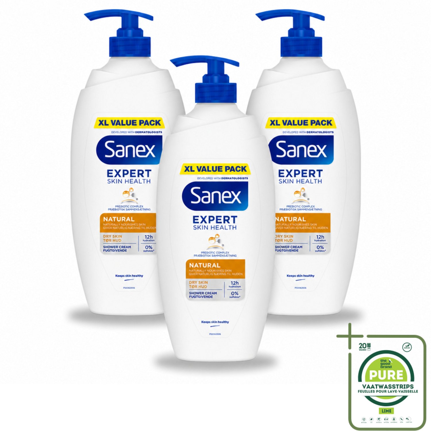 3 x Sanex – Douchecrème – Expert Skin Health Naturals – 750 ml - Grootverpakking - Vaatwasstrips - Gevoelige Huid - Huidverzorging - Douchecrème - Hydratatie - Pre- En Postbiotica