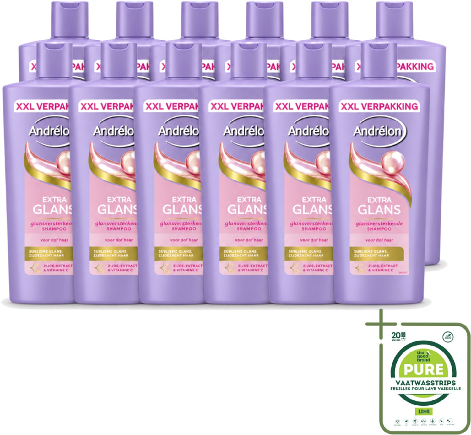 12 x Andrélon – Shampoo – Extra Glans – 685 ml - Grootverpakking - Vaatwasstrips - Glans Haar - Zijde Extract - Vitamine C - Stralende Haar - Gezonde Glans