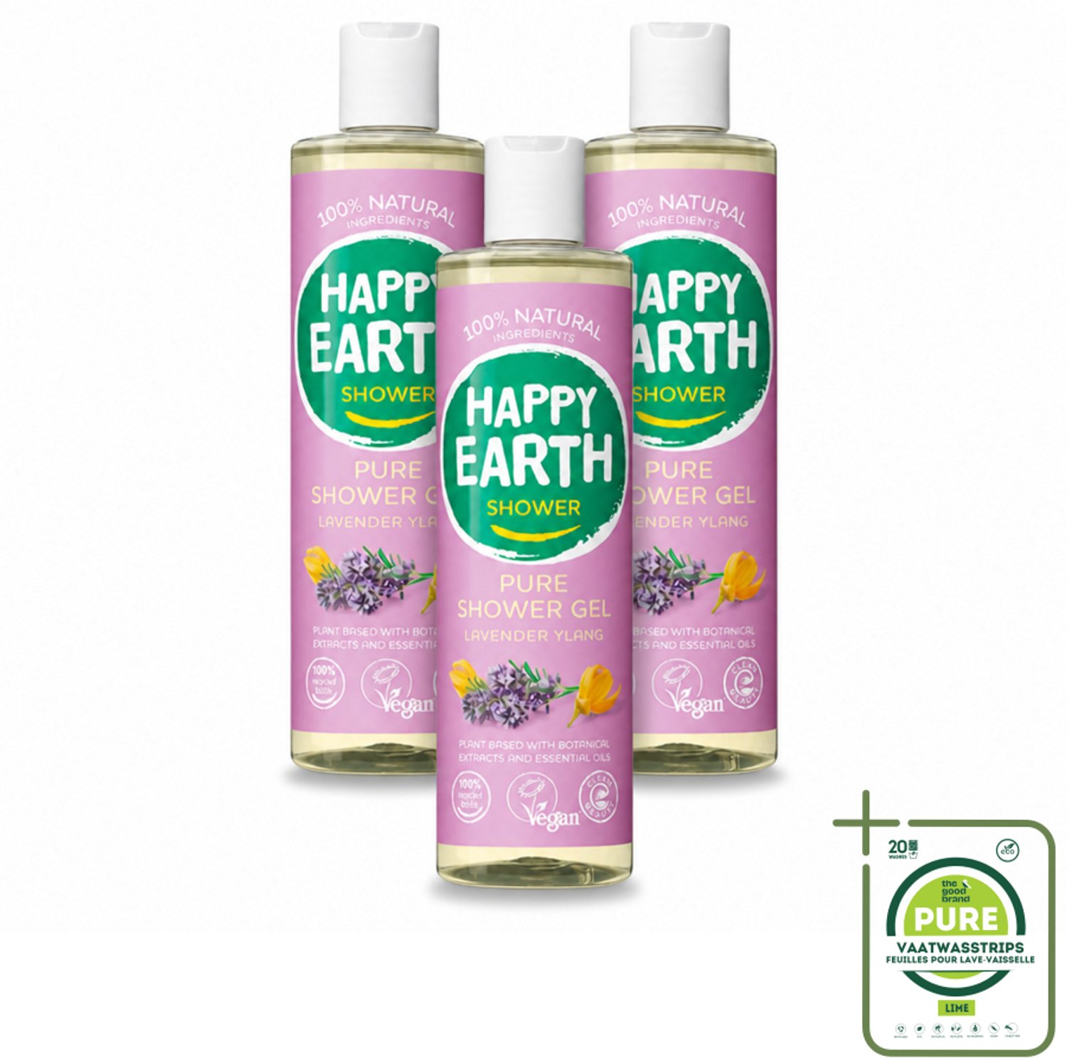 3 x Happy Earth – Douchegel – 100% Natuurlijk Lavender Ylang – 300 ml - Grootverpakking - Vaatwasstrips - Douche Gel - Natuurlijke Douche - Lavendel Douche - Ylang-ylang Douche - Vegan Douche