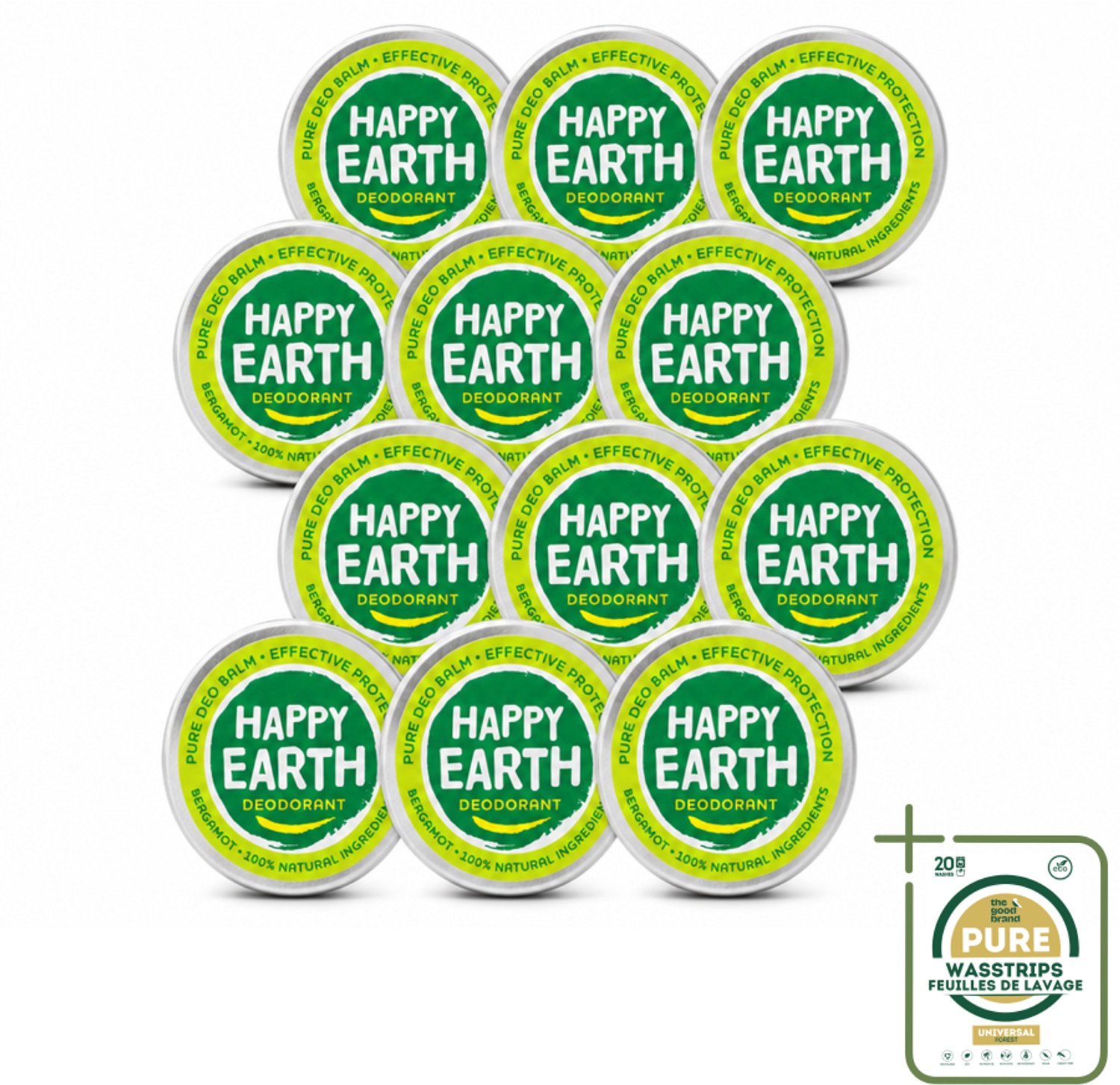 12 x Happy Earth – Deodorant Balm – 100% Natuurlijk Bergamot – 45 g - Wasstrips - Natuurlijke Deodorant - Bergamot Geur - Vegan Deodorant - Huidvriendelijke Deodorant - Anti-geur Balm
