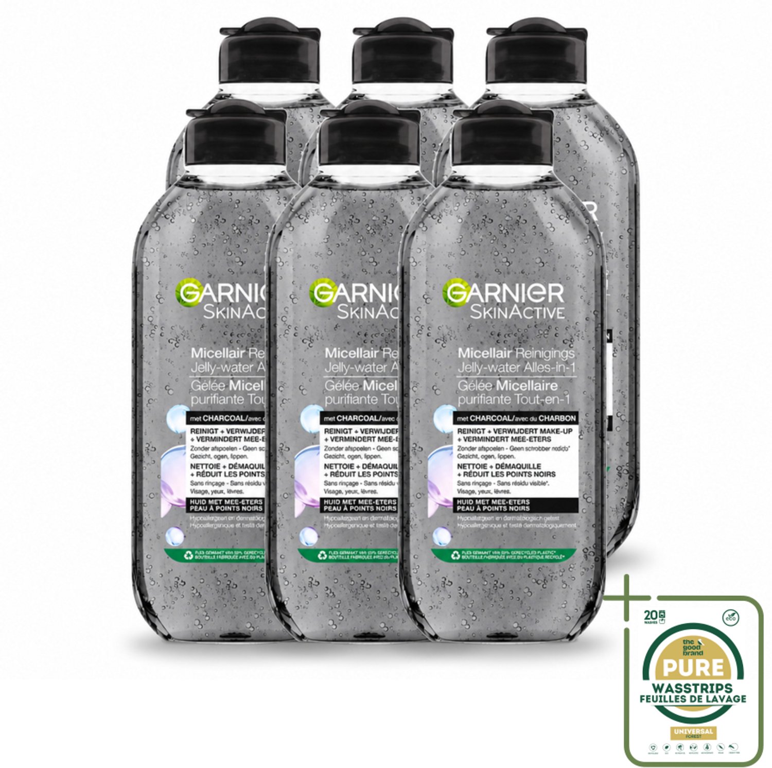 6 x Garnier - SkinActive - Micellair Jelly-water - Alles-in-1 - Charcoal - 400 ml - Wasstrips - Huid Reinigen - Make-up Verwijderen - Houtskool - Salicylzuur - Micellair Water