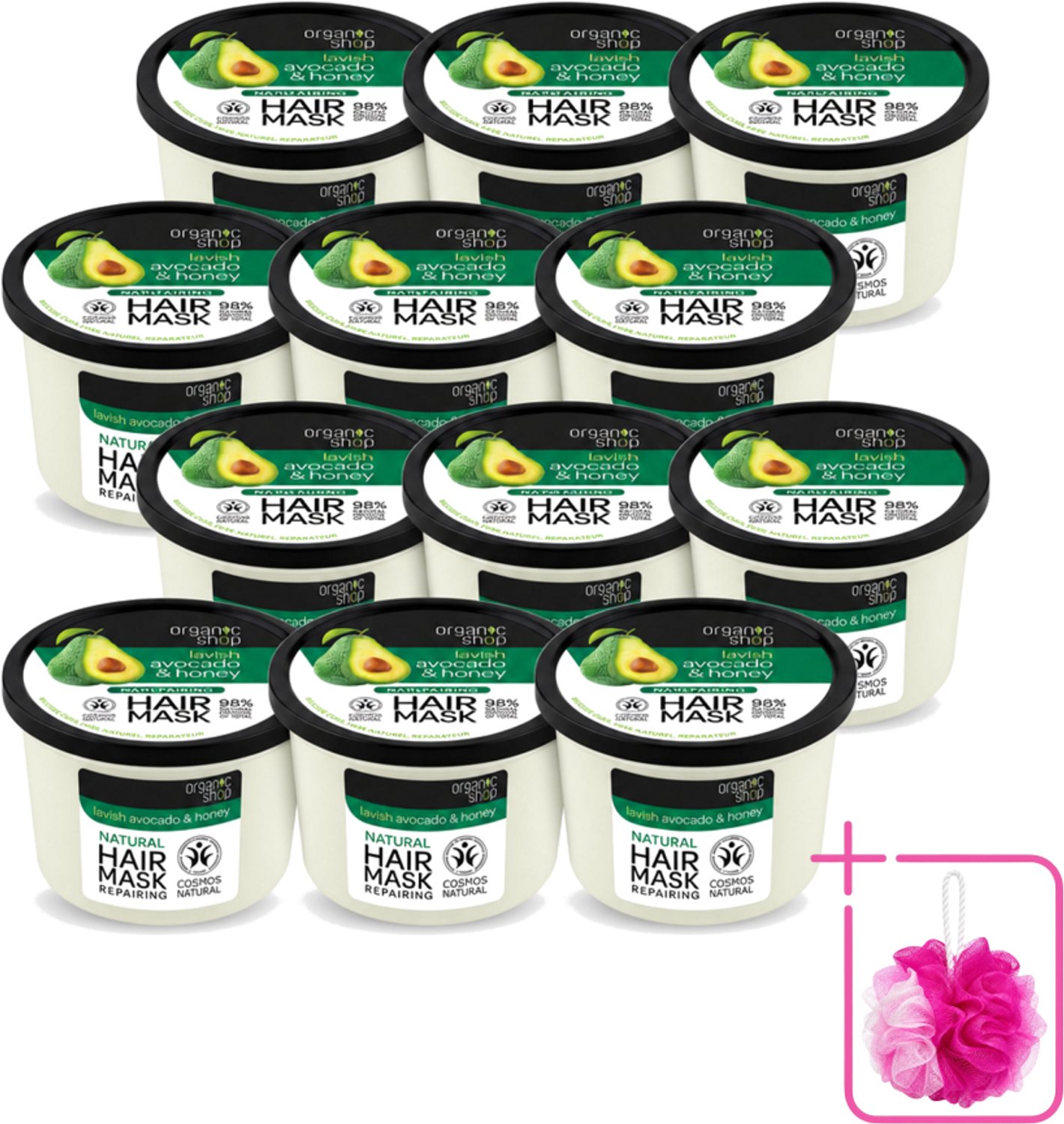 12 x Organic Shop - Haarmasker Avocado & Honey - Hydraterend en Verzachtend - 250 ml - Bulkverpakking - Haarmasker avocado en honing - Douchemop - Natuurlijk haarmasker