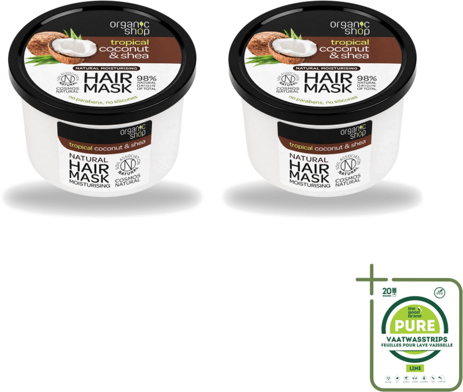 2 x Organic Shop - Haarmasker Coconut & Shea - Verzorgend en Voedend - 250 ml - Grootverpakking - Vaatwasstrips - Haarmasker - Kokosnoot - Shea - Natuurlijk Haarverzorging - Hydratatie