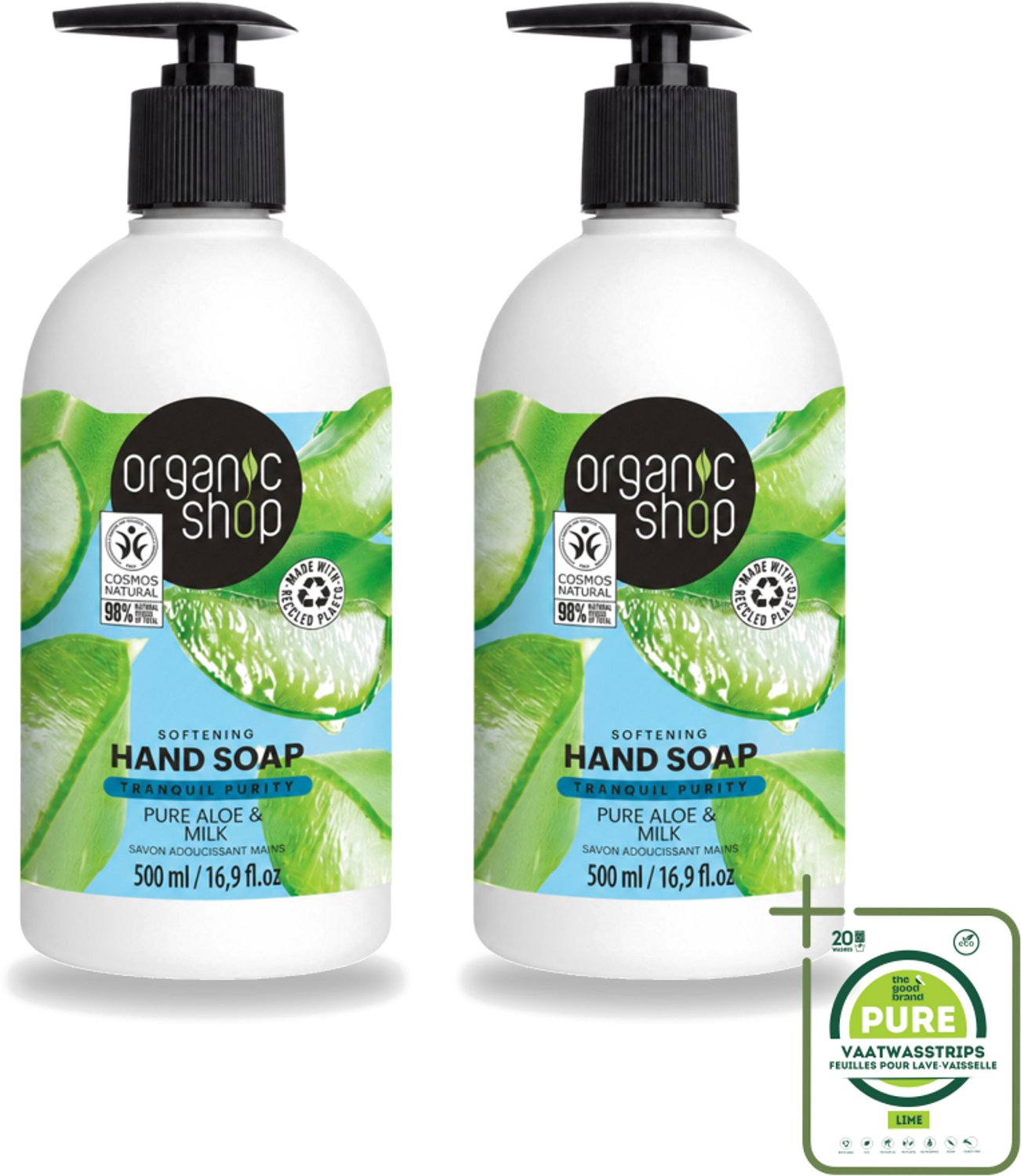 2 x Organic Shop - Handzeep Aloe & Milk - Verzachtend en Hydraterend - 500 ml - Grootverpakking - Vaatwasstrips - Handzeep - Natuurlijke Handzeep - Biologische Handzeep - Aloë Handzeep - Melkproteïnen Handzeep