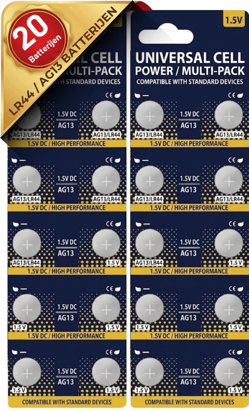 Verpakking met 20 stuks 1,5V AG13/LR44 knoopcelbatterijen voor standaardapparaten.