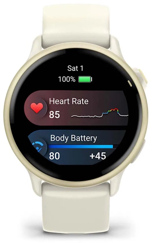 Wijzerplaat met Heart Rate 85 en Body Battery 80, op een crèmekleurige smartwatch.