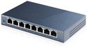 Grijze TP-Link TL-SG108 desktopswitch met 8 gigabit-poorten en stroomindicator, schuin van voren gezien.