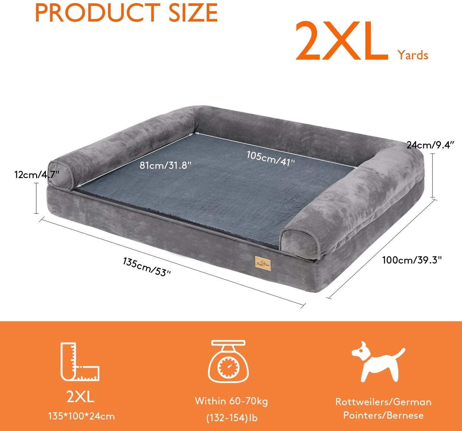 ArtiZo Orthopedisch hondenkussen - hondenbed - voor huisdieren tot 60-70 kg - stevige ondersteuning - wasbare hoes - zachte grijze bekleding - 135x100x24cm (lxbxh)