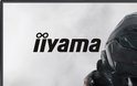 Iiyama logo op een monitor met een Black Hawk afbeelding van een futuristische helm op een grijze achtergrond.