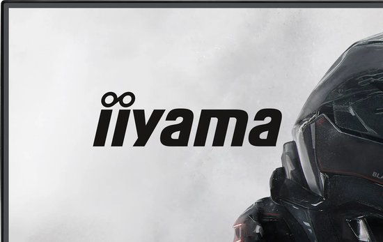 Iiyama logo op een monitor met een Black Hawk afbeelding van een futuristische helm op een grijze achtergrond.