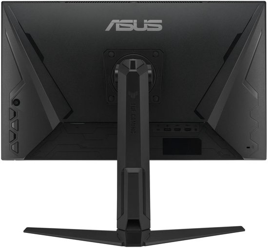 Achterzijde van de zwarte ASUS TUF Gaming-monitor met ergonomische standaard en aansluitpoorten.
