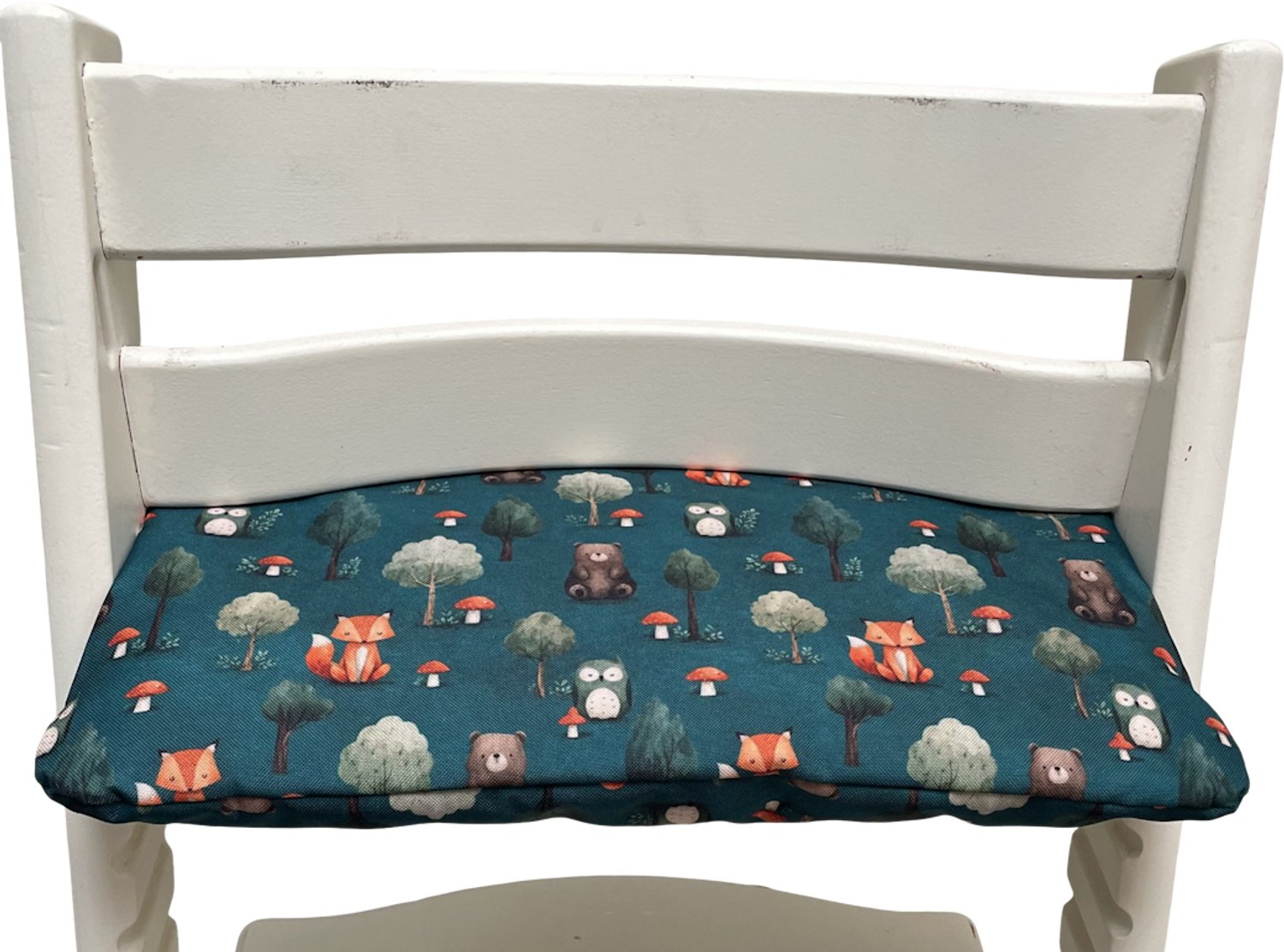 Gecoat zitkussen voor de Tripp Trapp kinderstoel van Stokke - Vos, beer en uil donkergroen
