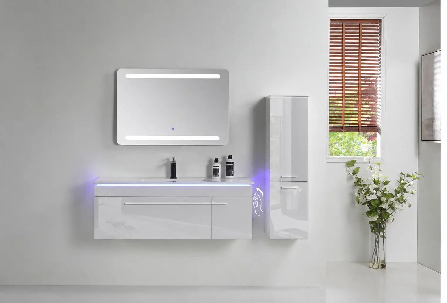Faizee Home Badkamermeubelset 90 cm Hoogglans incl. keramische wastafel, LED-spiegel & voorgemonteerde wastafelonderkast