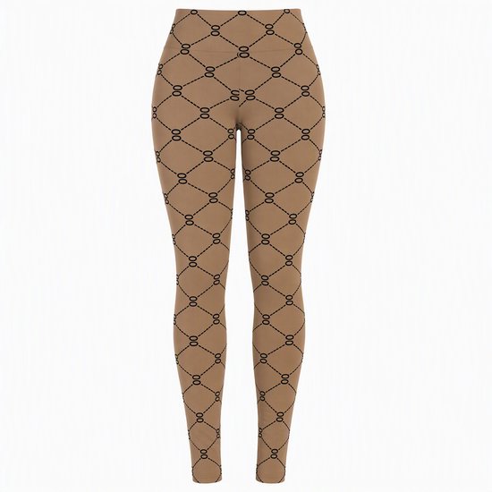 Cappuccinokleurige legging met een zwart doorgestikt ruitpatroon en ovale details.