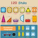 Overzicht van 120 magnetische bouwstenen in diverse vormen, kleuren en formaten, inclusief accessoires en afmetingen.