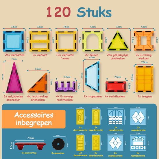 Overzicht van 120 magnetische bouwstenen in diverse vormen, kleuren en formaten, inclusief accessoires en afmetingen.