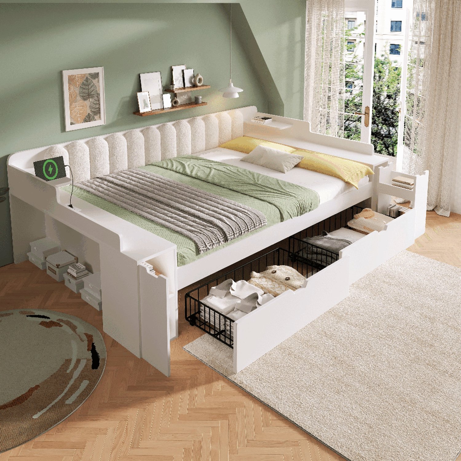 Pugsdrly Slaapbank/dagbed 140 x 200 cm met metalen lattenbodem, houten bedframe met oplaadstation, 2 laden, rolwagen, zijplank en kastruimte, Sherpa-rugleuning, wit, zonder matras