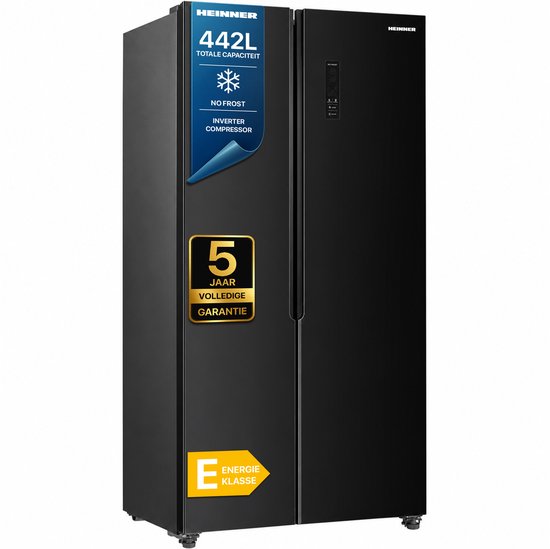 Heinner HSBS-HM442NFGBKE++ Amerikaanse Side-by-Side Koelkast – 442 L – No Frost – Deur-open Alarm – Super Koelen & Super Vriezen – Zwart – 5 Jaar Garantie