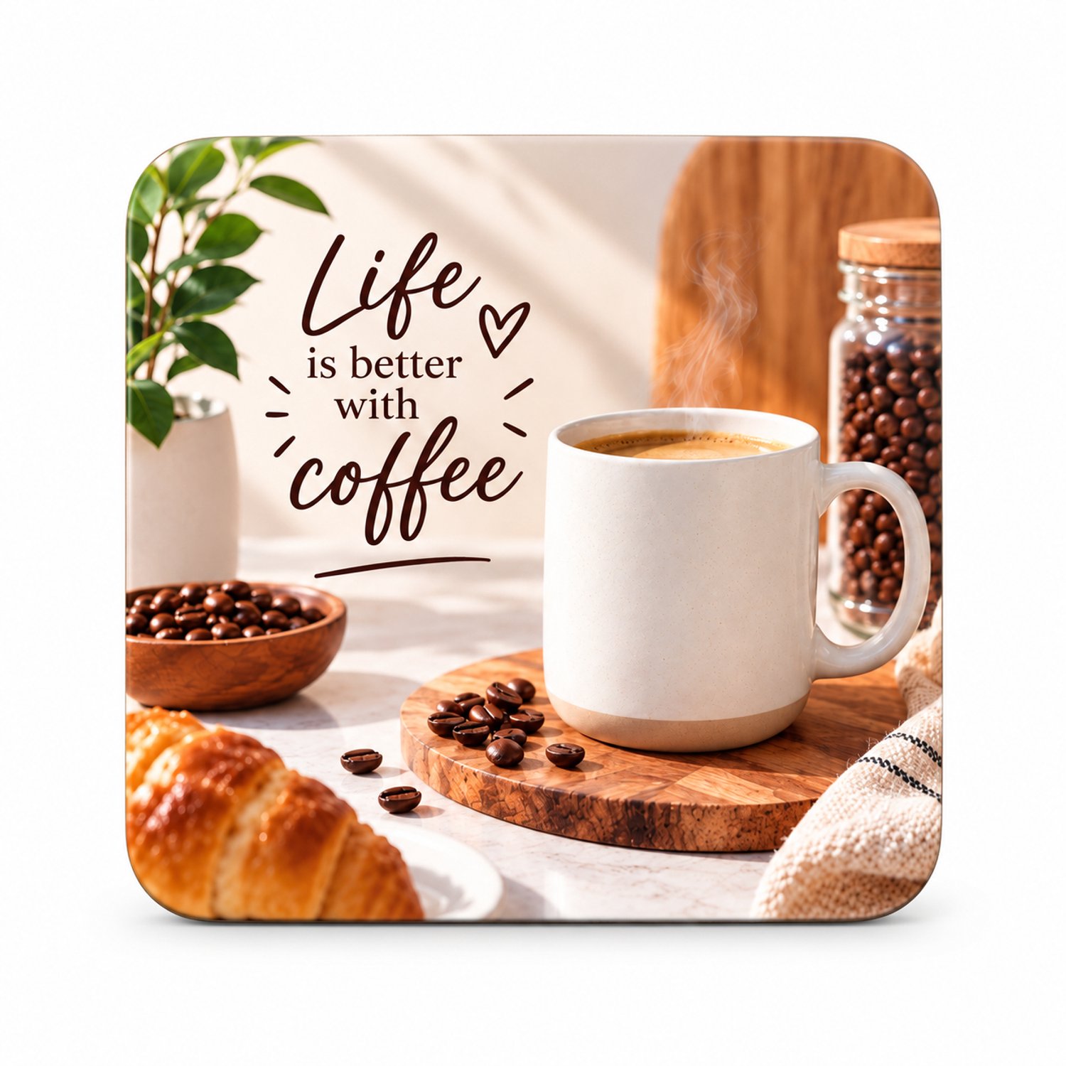 Life Is Better with Coffee MDF onderzetter 10x10cm – Vierkante koffiemok onderzetter met koffiemotief