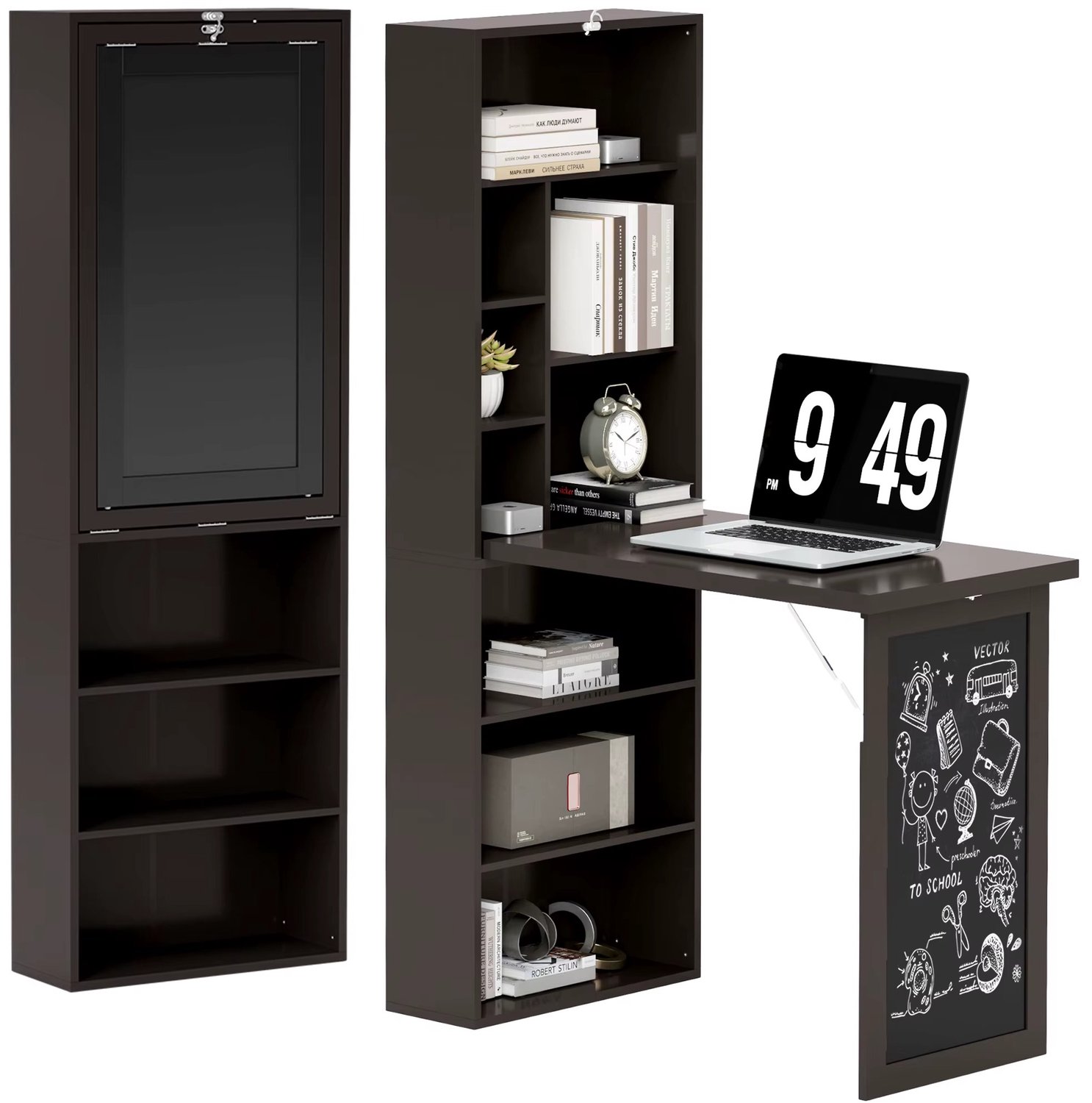 CreateEcom bureau - inklapbare tafel - inklapbaar bureau - Bureau met opbergruimte - opklapbaar - aan de muur te bevestigen - met boekenkast, werkplek, krijtbord en verstelbare plank - 51x19,5x153 cm - zwart
