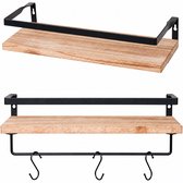 Kroon Houten Wandrek – Wandplank - Zwevende - Set van 2 – Inclusief 8 Haken & Bevestigingsmateriaal – 40x15 cm – Eenvoudig te monteren