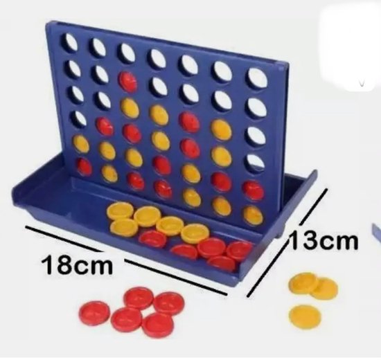 Blauw vier-op-een-rij spel met rode en gele fiches. Afmetingen: 18cm bij 13cm.
