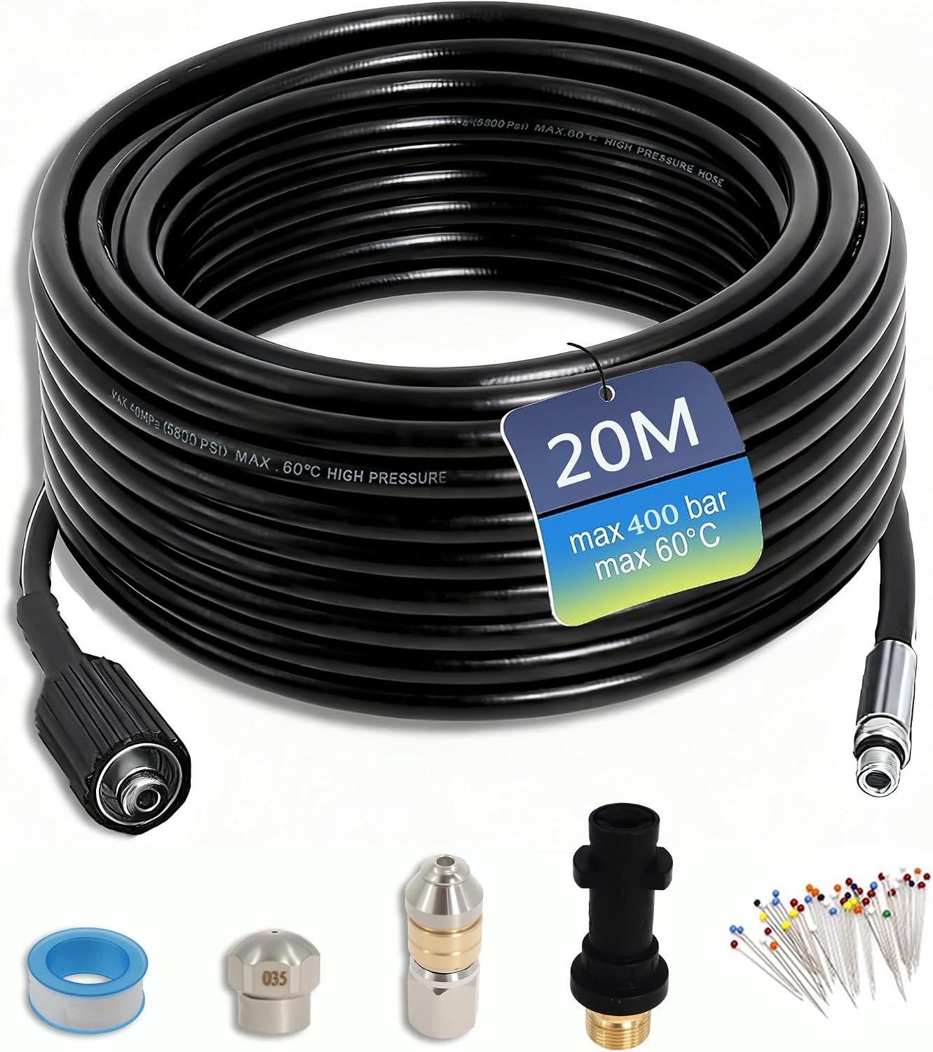 Hogedrukslang voor leidingen 20 m, 180 bar, 140 °F, geschikt voor K2-K7, inclusief adapter, flexibel en draaibaar voor optimale reiniging
