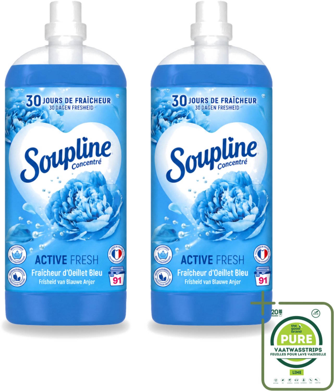 2 x Soupline – Wasverzachter – Active Fresh Frisheid van Blauwe Anjer – 2 L - Grootverpakking - Vaatwasstrips - Wasverzachter - Frisheid - Blauwe Anjer - Wasgoed - Kleding