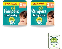 2 x Pampers – Luiers – Baby Dry Maat 3 – 150 Luiers - Grootverpakking - Vaatwasstrips - Baby-dry Luiers - Lekken Voorkomen - Droge Nachten - Comfortabele Luiers - Stop En Bescherm Pocket
