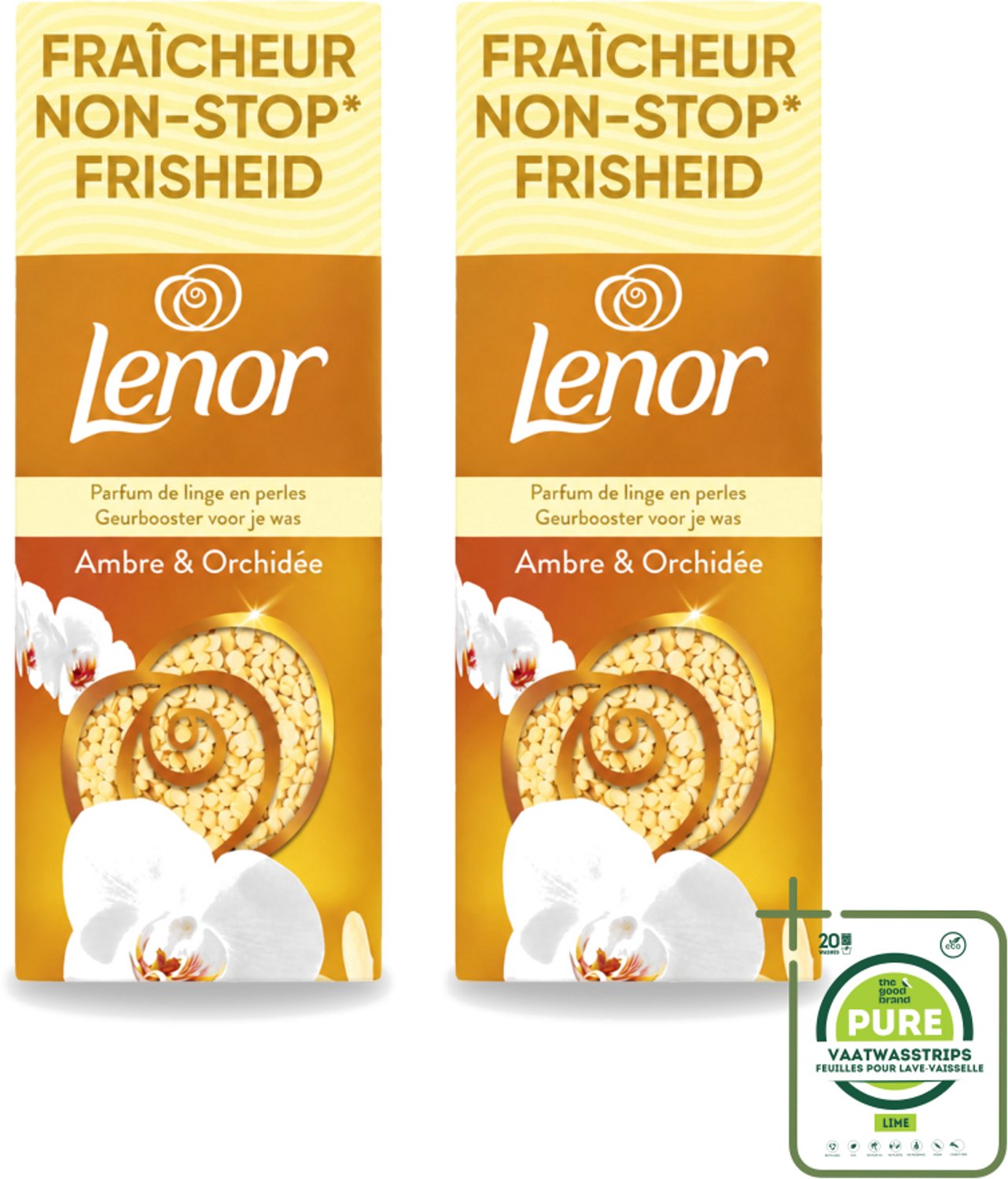 2 x Lenor – Geurbooster – Amber & Orchidee – 12 Wasbeurten – 155 g - Grootverpakking - Vaatwasstrips - Geurparels - Wasgeur - Luxegeur - Orchidee - Vanille