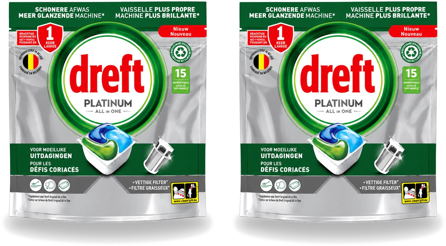 2 x Dreft – Vaatwascapsules – Platinum All-in-One – 15 Capsules - Voordeelverpakking - 2 stuks