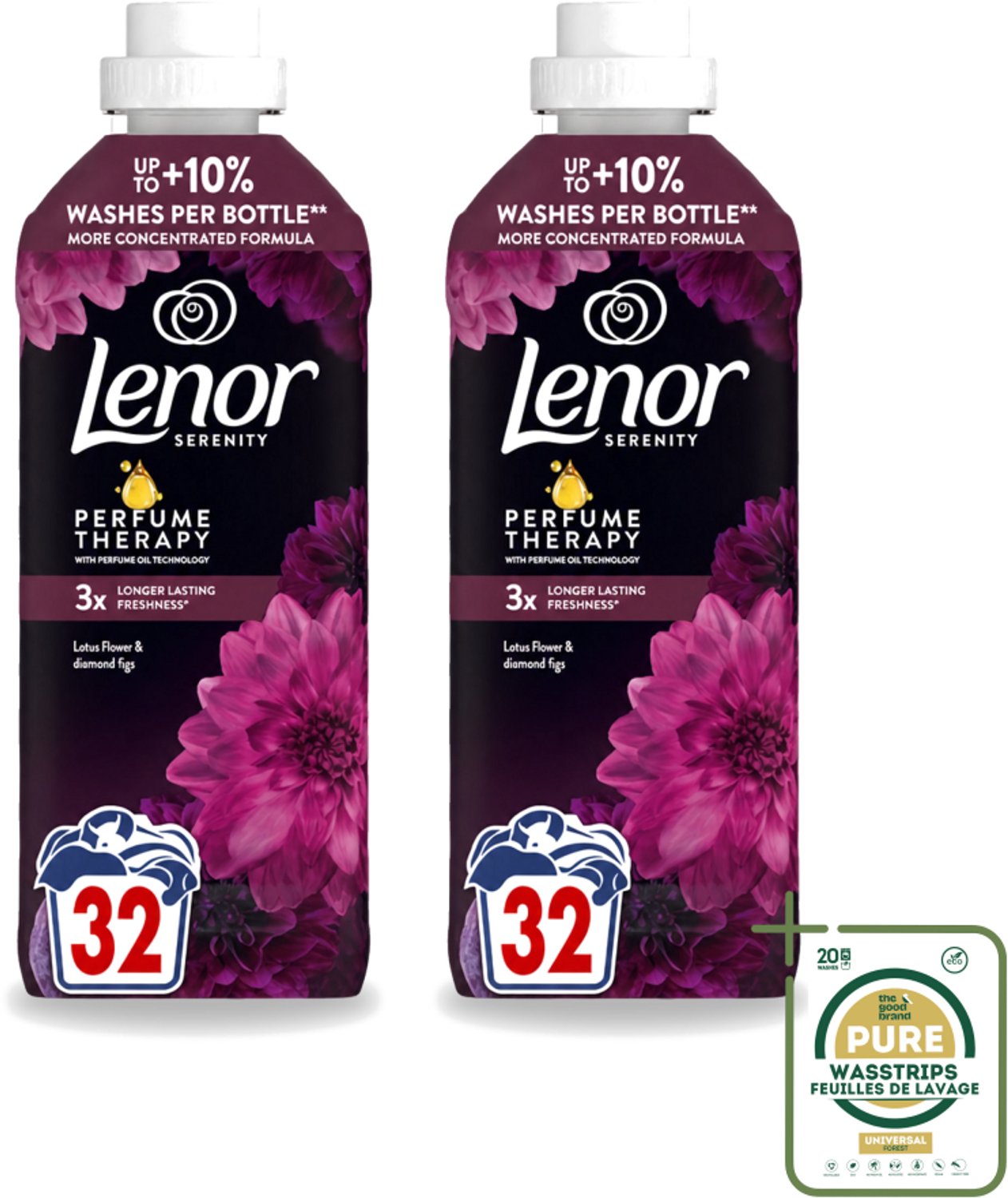 2 x Lenor – Wasverzachter – Lotus Flower & Diamond Figs – 32 Wasbeurten – 675 ml - Wasstrips - Wasverzachter - Wasmachine - Geur - Wasbeurt - Kleding Verzachten