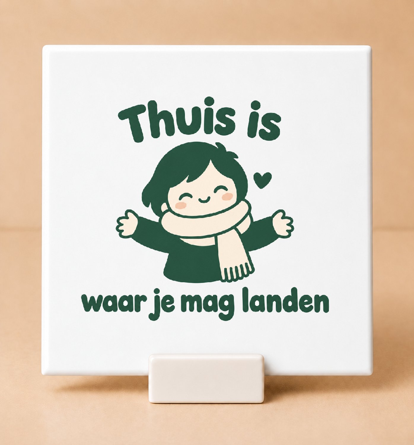 Bedruk King Schattige Warmte en Gezelligheid Tegel – Kawaii Decoratie met Tekst voor Knusse Thuisomgeving - 11 x 11 cm met houder Wit
