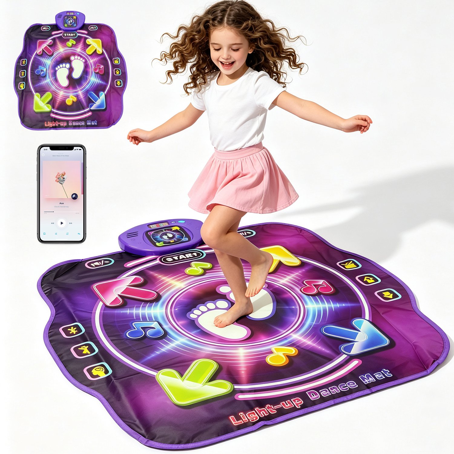Dansmat Voor Kinderen - Muziekmat met Bluetooth - Interactieve Speelgoedmat - Meeslepende Speelmat - 81 x 85 cm - Oplichtende Pijlen - 5 Spelmodi & 45 Uitdagingsniveaus - Opvouwbaar - Voor Ouder-kind Spel & Feest