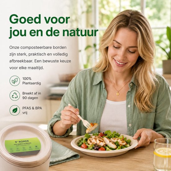Vrouw eet van een composteerbaar bruin bord met suikerrietbagasse-servies op tafel.
