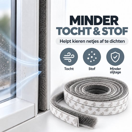 Grijze tochtstrip op rol die kieren dicht en tocht en stof vermindert.