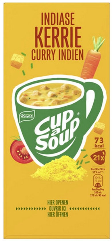 Gele doos Knorr Cup-a-Soup Indiase kerrie met afbeelding van een kop kerriesoep, wortel en tomaat.