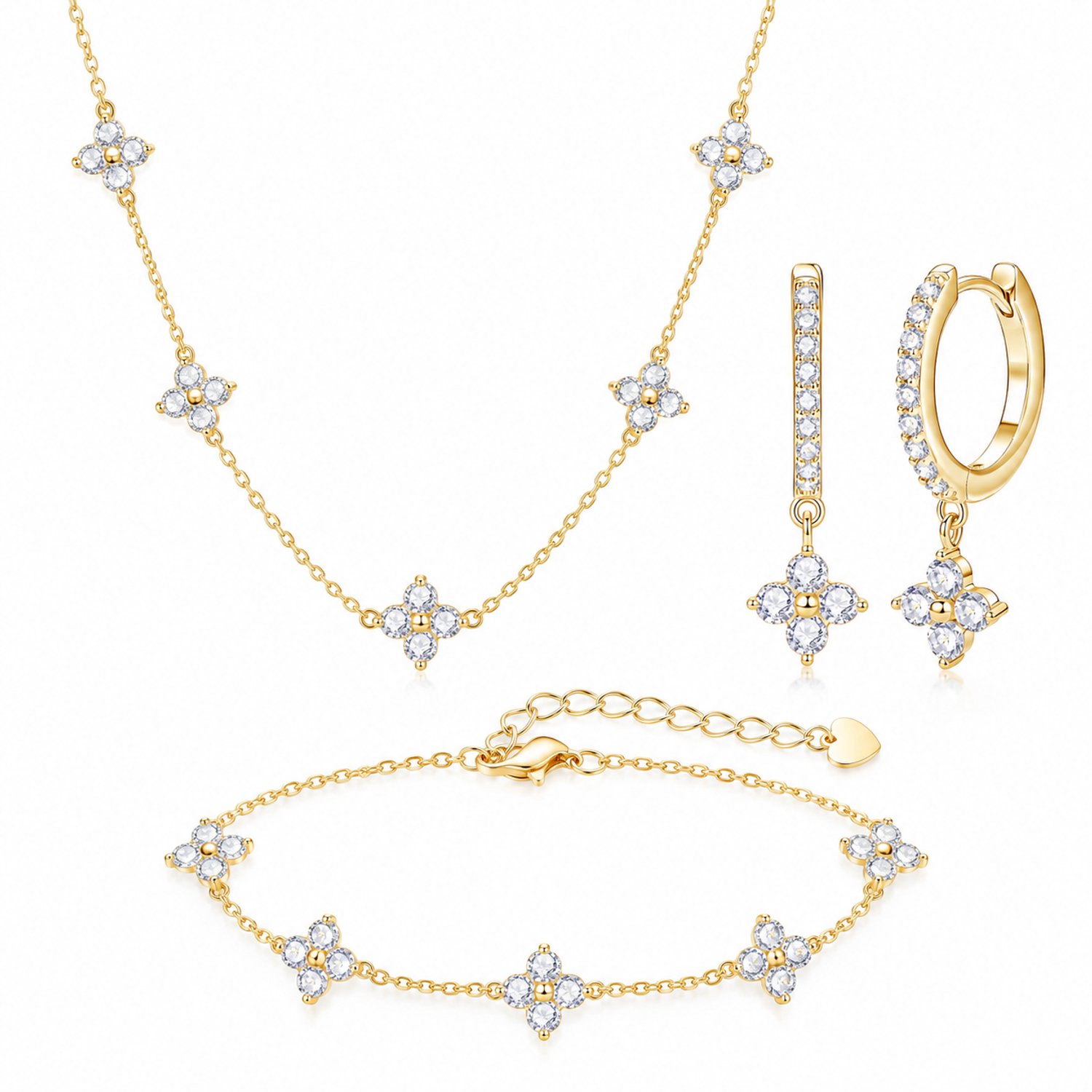 Selevie Sieradenset Goud met Klavertjes van Moissanite – Ketting, Armband & Oorbellen – D VVS1 – Luxe 3-delige set