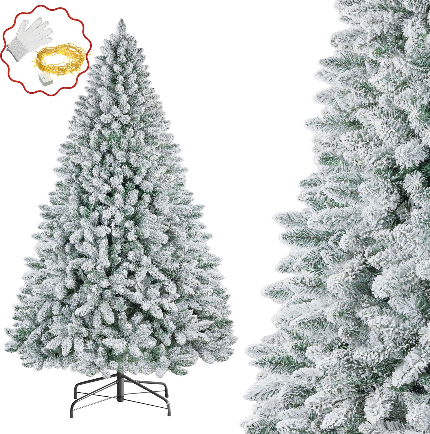 VANKEL Kunstkerstboom 180 cm Besneeuwd – Volle Kerstboom met 991 Takpunten – Sneeuwlook – Metalen Standaard – Inclusief Lichtsnoer – Kunstboom voor Kerst