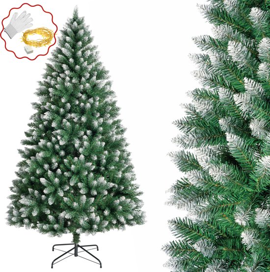 Besneeuwde kunstkerstboom van 120 cm met 278 volle PVC takken, inclusief metalen voet, lichtsnoer en handschoenen.