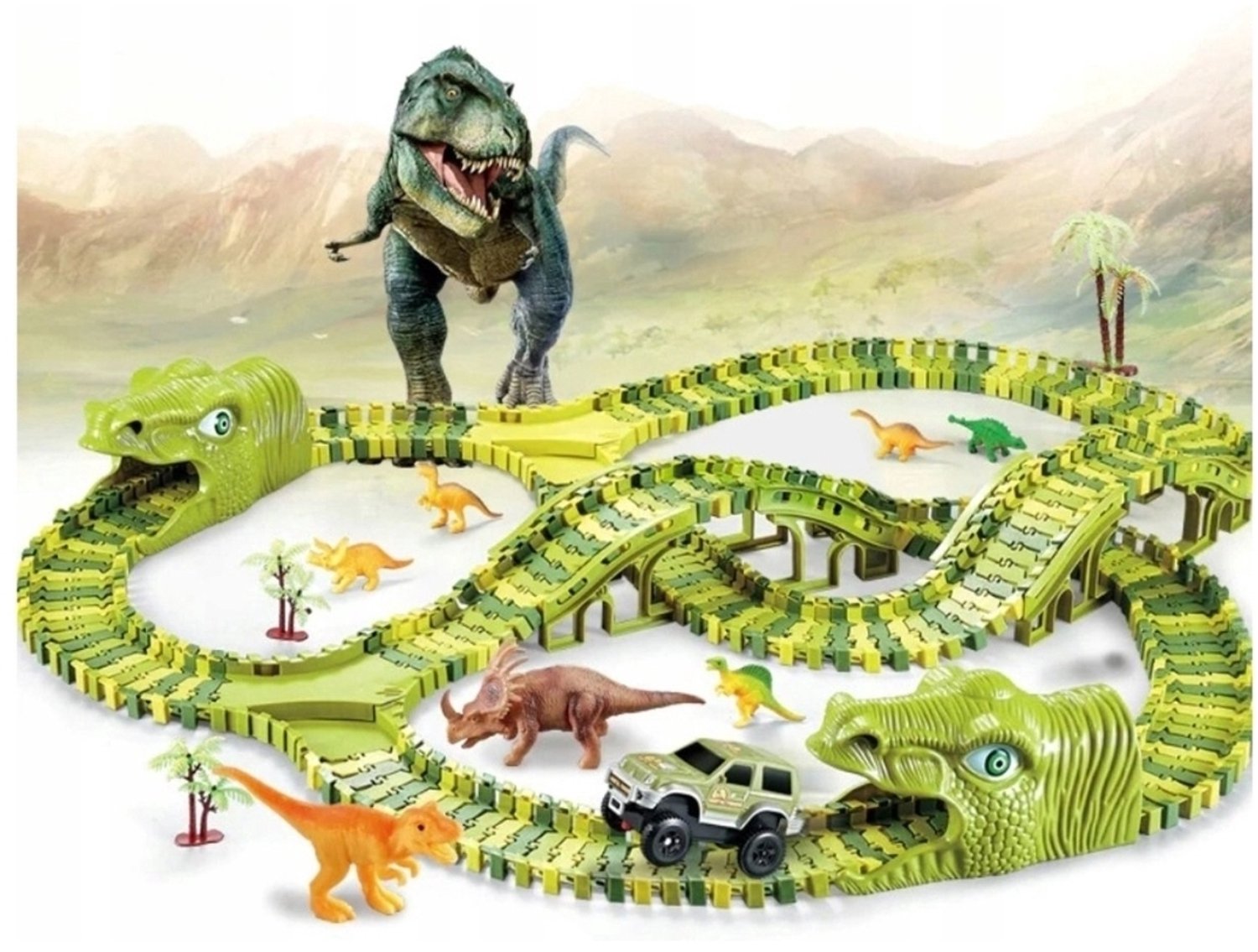 Ilso autobaan met dinosaurussen - 240 elementen - racebaan jungle - Komt met Jeep en Dinosaurus - met dino's - Eenvoudig te Monteren - inclusief batterijen