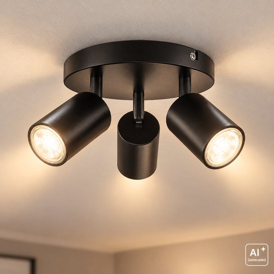 Matzwarte plafondspot met drie draaibare en kantelbare cilinders en warm wit licht op een rond armatuur.