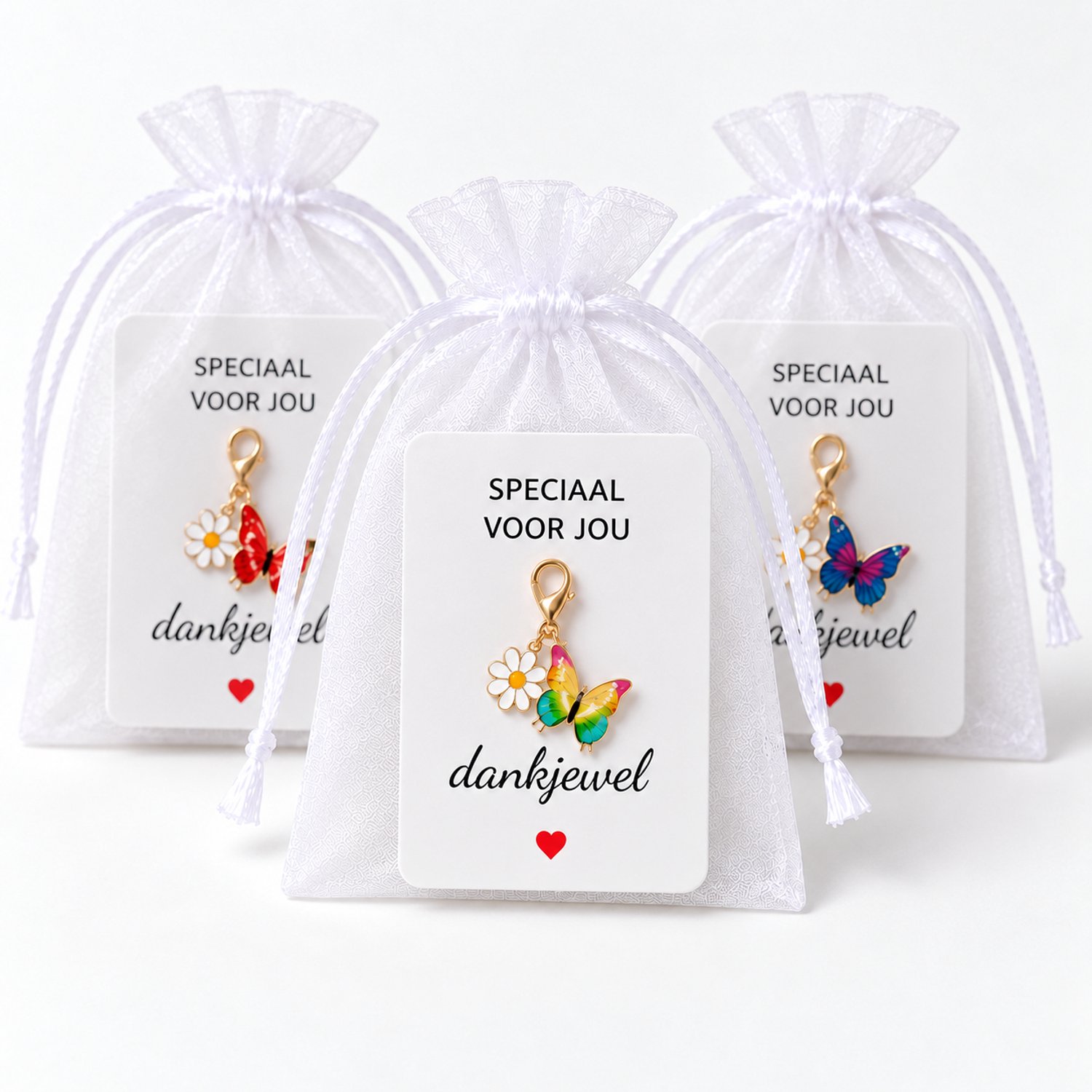 Bedankt Cadeautje 12 Stuks - Vlinder Sleutelhanger met Kaartje & Zakje - Bedankjes Juf, Collega & Bruiloft - Kasey