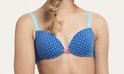 Blauwe beha zonder beugel met lichtblauw ruitjespatroon, dubbele bandjes en een klein roze strikje op het middenstuk.
